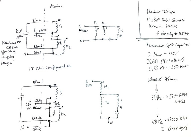 1″x30″ Belt Sander rewiring a capacitor motor from 115 VAC to 230 VAC